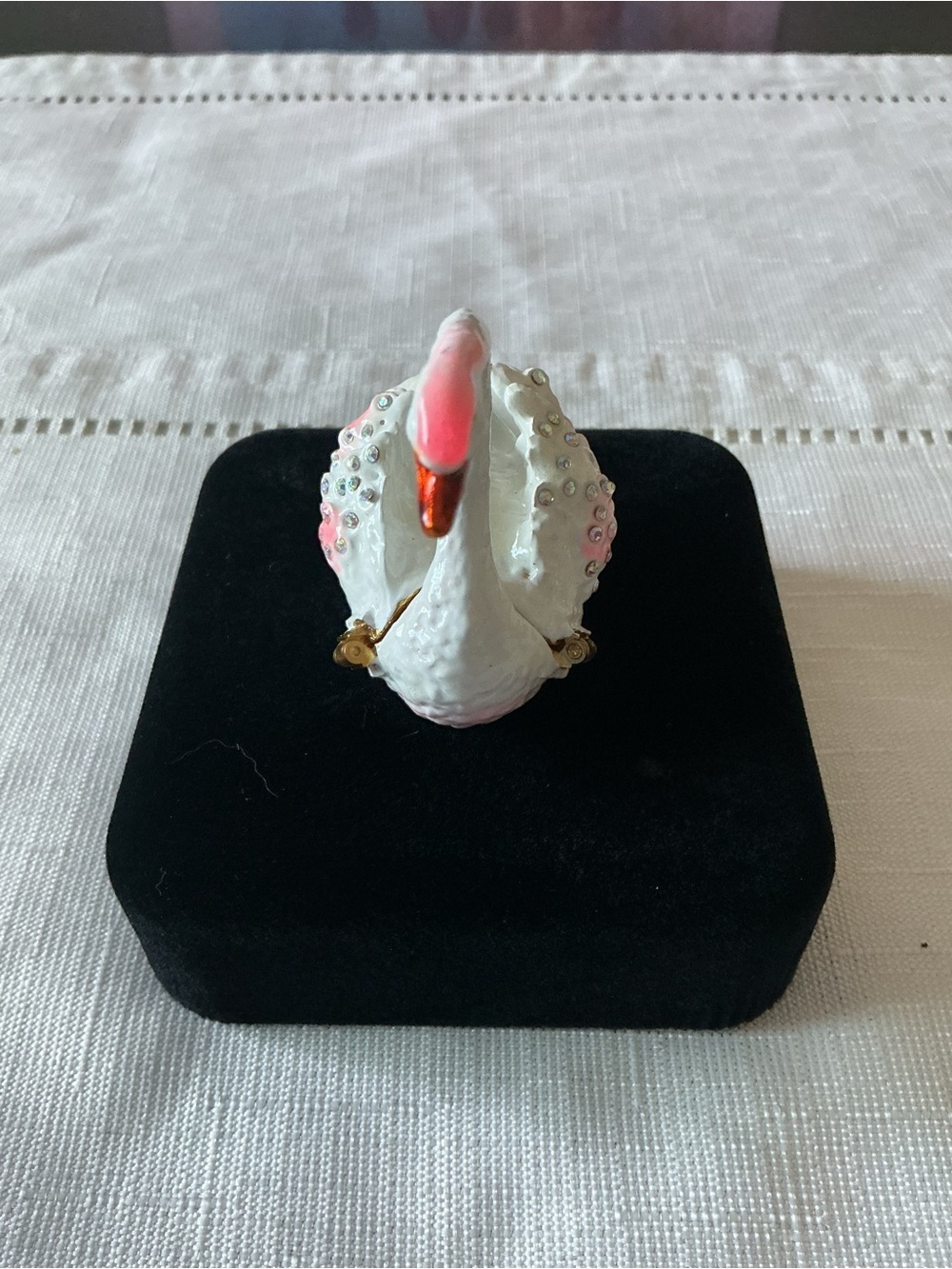 White Swan Elegant Rhinestone Gold Tone Hinged Trinket Box